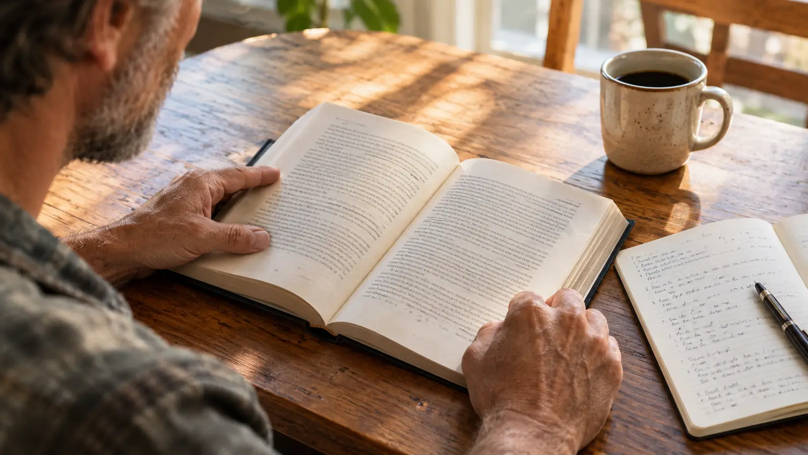 The book open on a kitchen table next to a coffee mug and a notebook with handwritten notes
