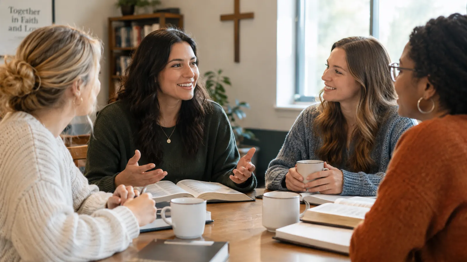 A small group of women gathered around a table with books and notebooks in a bright church meeting room