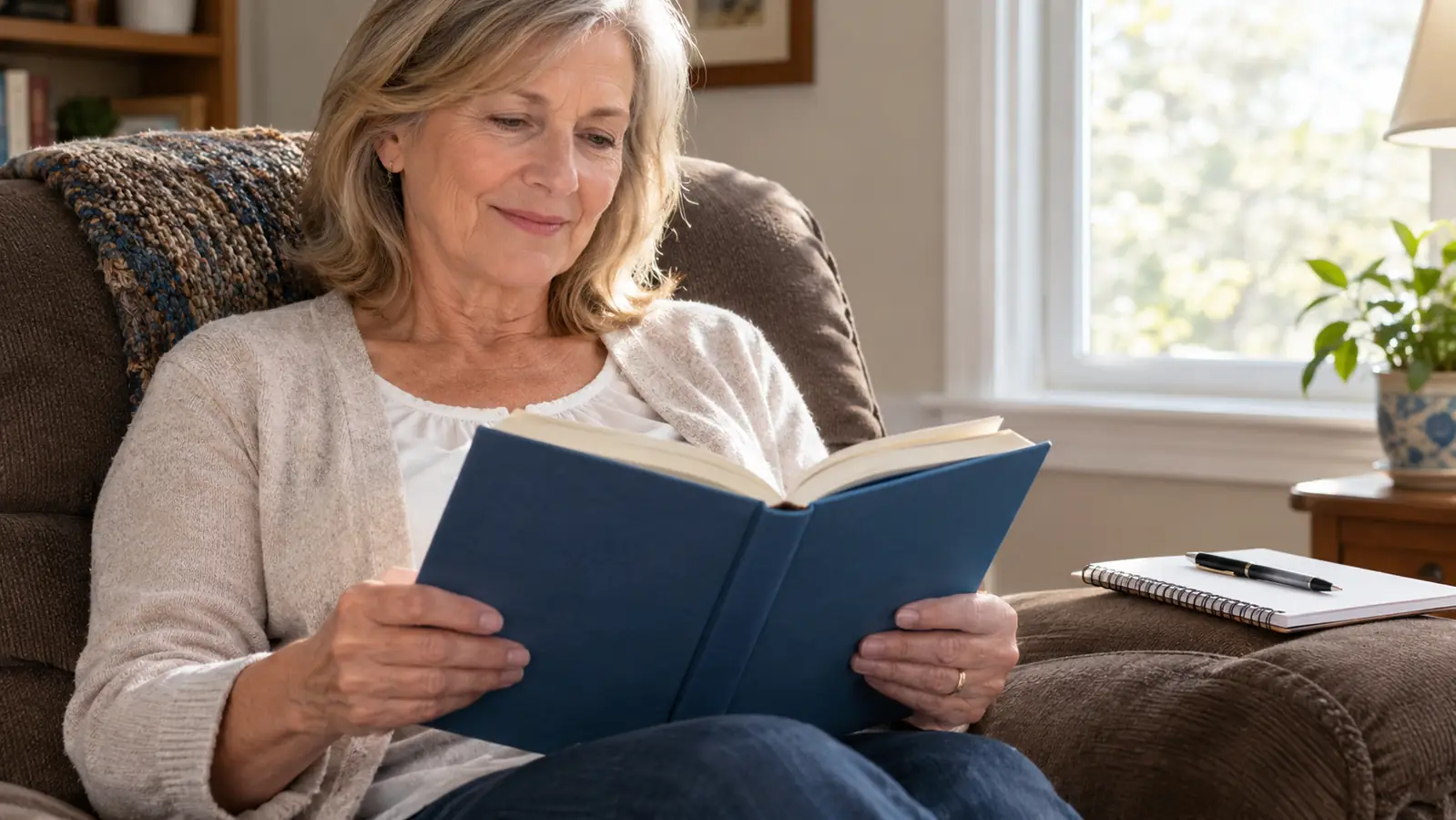 A reader holding the book open in her lap, with a notebook and pen nearby in a chair
