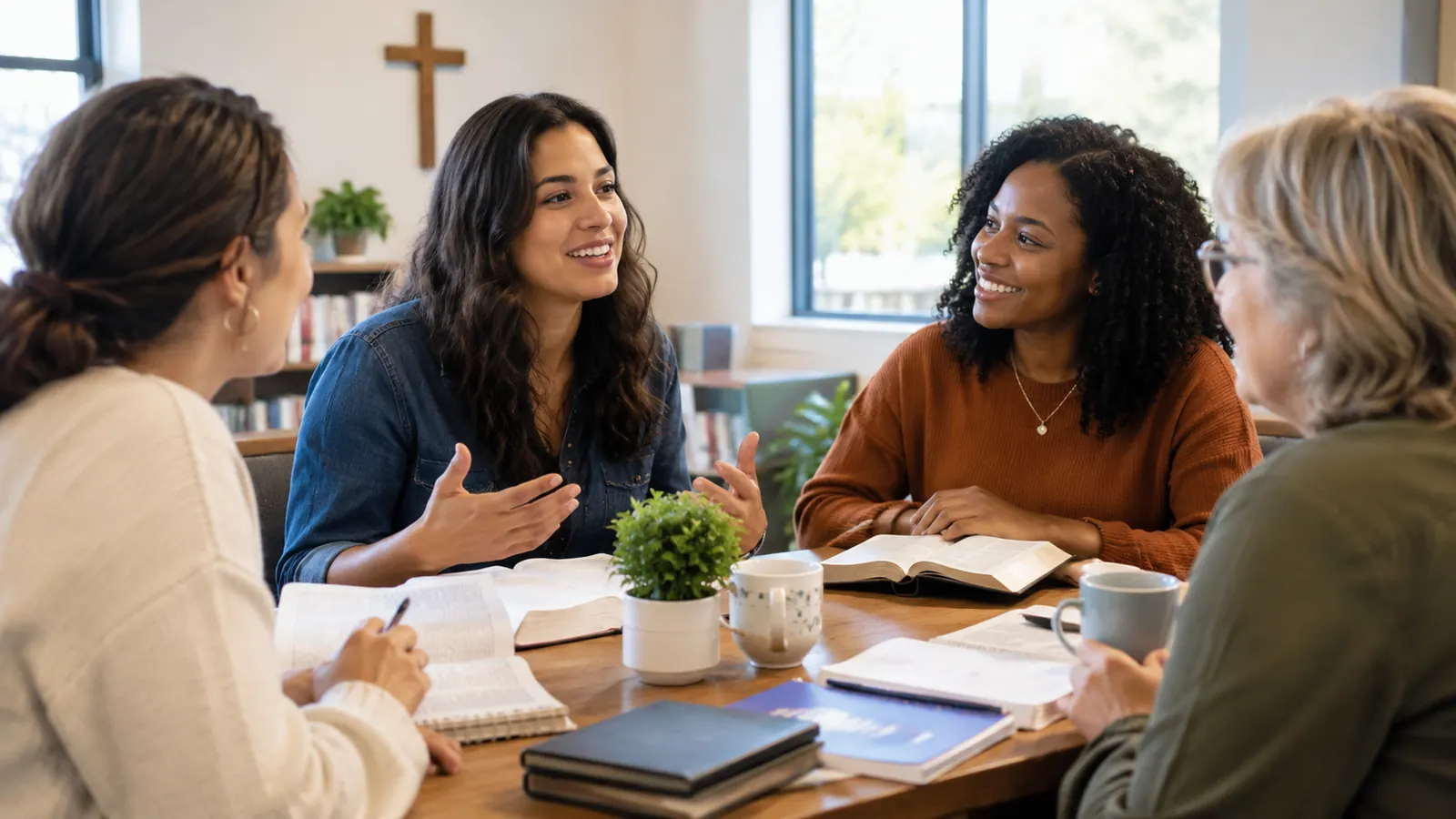 A small group of women gathered around a table with open books and coffee mugs in a bright meeting room