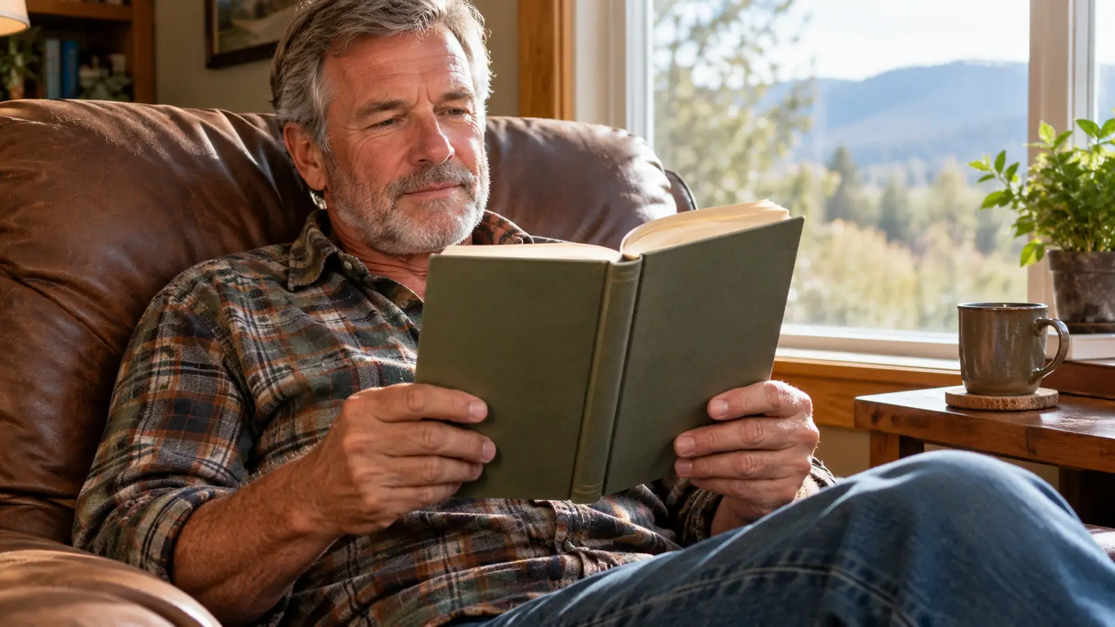 A reader holding an open book in a comfortable chair by a window