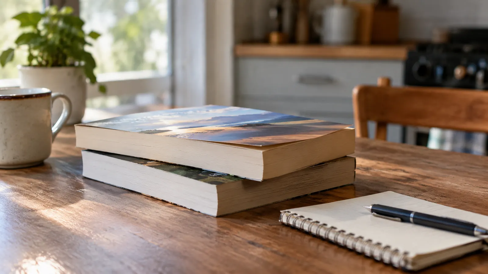 Two paperback books stacked on a wooden kitchen table beside a small notebook and a pen